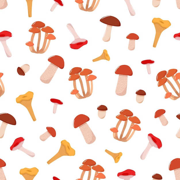 Seamless pattern of mushroom icons vector. Illustration of boletus, chanterelles, honey mushrooms, aspen mushroom and russula.