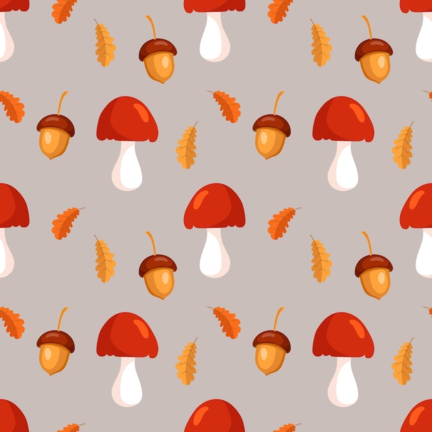 Seamless pattern, mushrooms, acorns and oak leaves on a beige background. Autumn print, textile