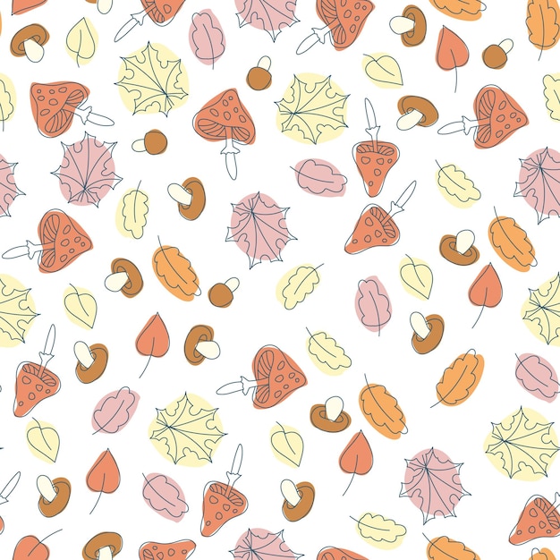 Vector seamless pattern of mushrooms and autumn leaves toadstools autumn vegetable print a pattern of simple elements vector illustration