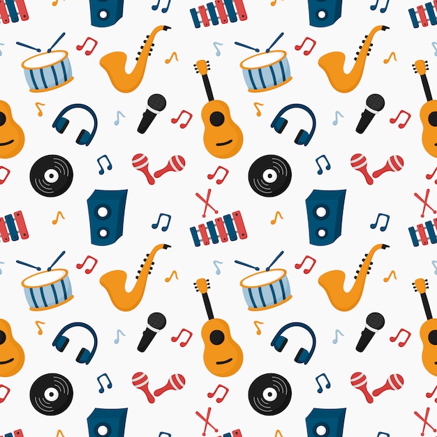 Strumenti musicali seamless pattern isolati su sfondo bianco.