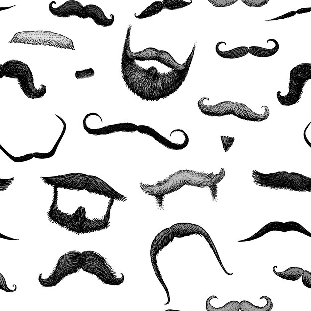 Vector seamless pattern mustache and funny beard of men hipster and retro barber or hairdresser on transparent background engraved hand drawn in old sketch vintage style for packaging and signage