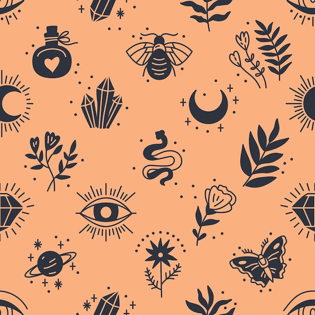 Seamless pattern of Mystical and Astrology objects in boho style