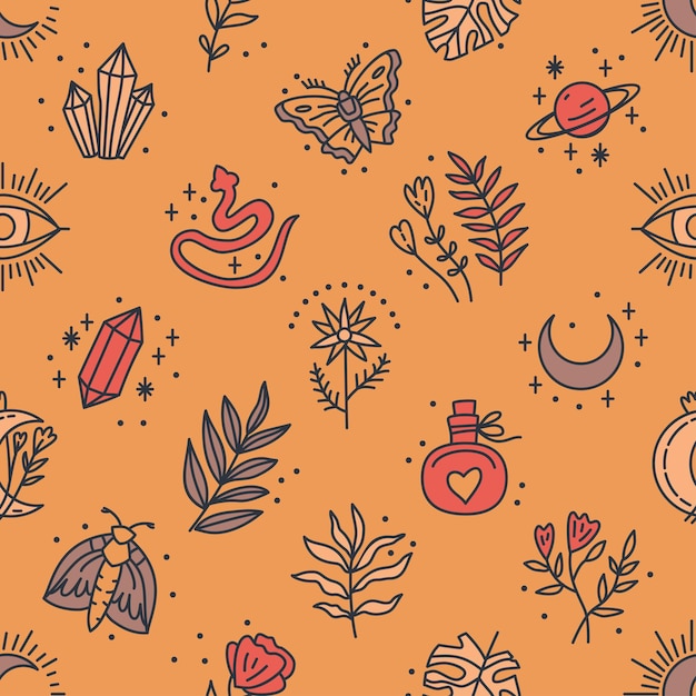 Seamless pattern of Mystical and Astrology objects in boho style