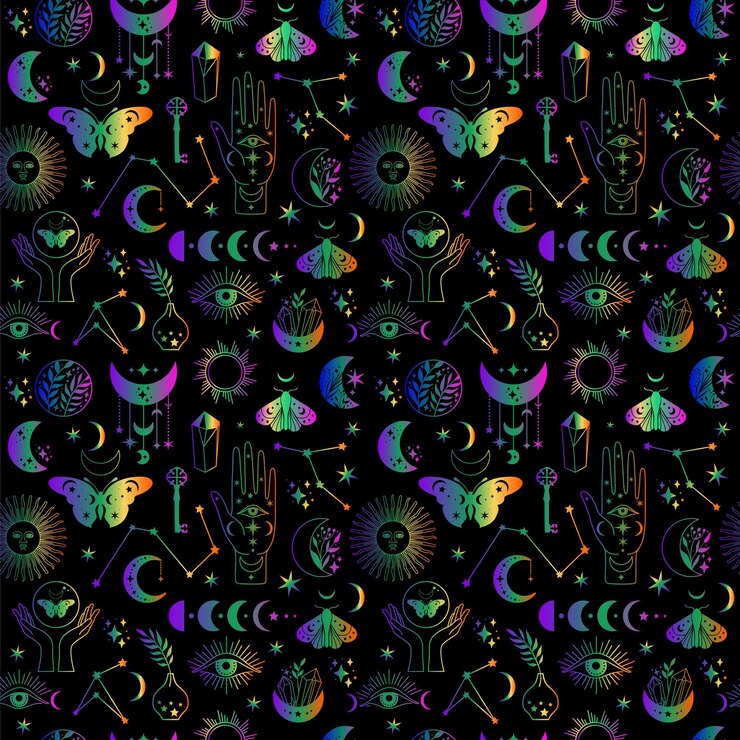 Vector seamless pattern mystical moon icons phases and woman hands and moth alchemy esoteric magic space