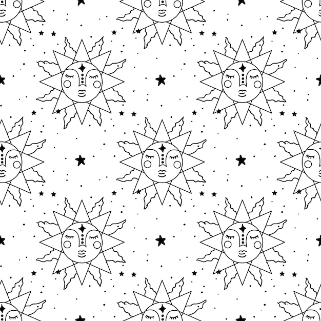 シームレス パターン星と月の神秘的な太陽星星座月手描きの占星術のシンボル T シャツやバッグの装飾要素の印刷用神秘的で魔法のような