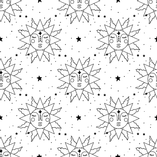 Seamless pattern mystical sun with stars and moon stars constellations moon hand drawn astrology symbol for print for tshirts and bags decor element mystical and magical