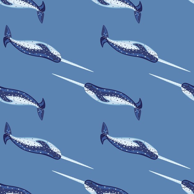 Modello senza cuciture narwhal su sfondo blu. modello di personaggio dei cartoni animati dell'oceano per tessuto. texture a simmetria ripetuta con cetacei marini. design per qualsiasi scopo. illustrazione vettoriale.