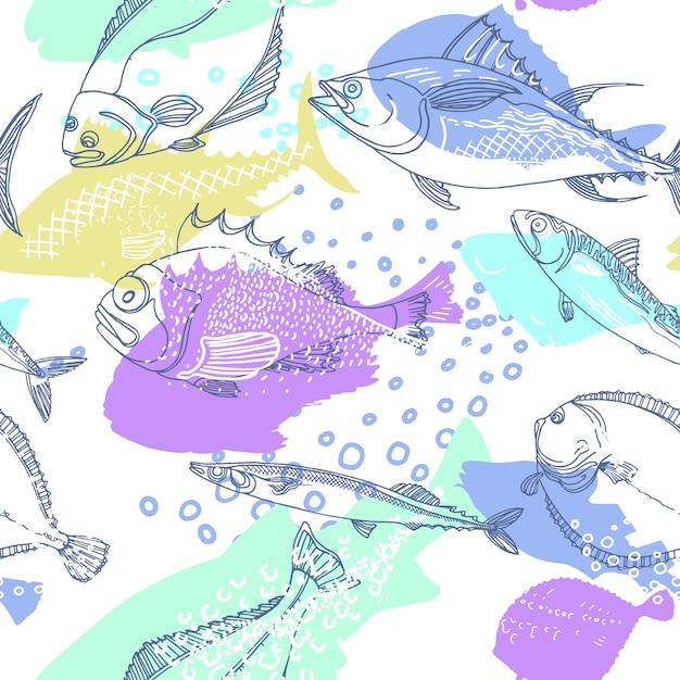 Seamless pattern of nature sea fish Doodle art line