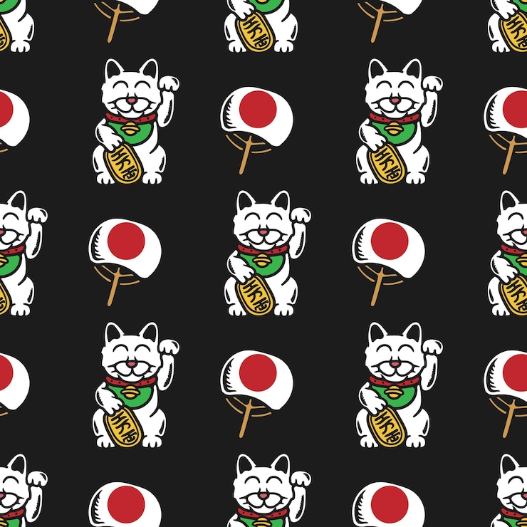 Vector seamless pattern of neko maneki and japanese fan on black background