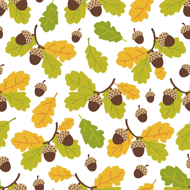 Seamless pattern of oak branches and acorns on a white backgroundautumn patternvector illustration