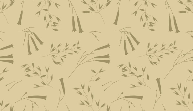 Бесшовный узор из овса и силуэты диких цветов на бежевом фоне Элегантный ботанический дизайн поверхности для текстиля и декора