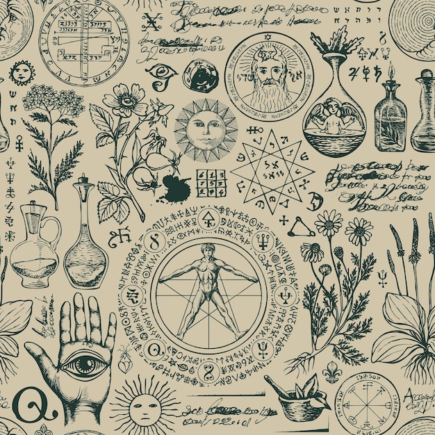 seamless pattern on the occult and folk medicine