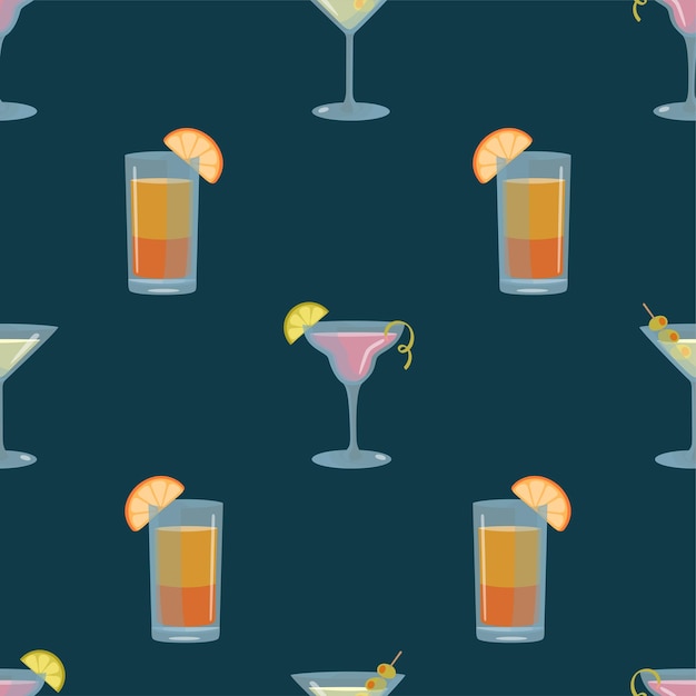 Бесшовный узор из алкогольных коктейлей на темном фоне холодные летние напитки в плоском стиле