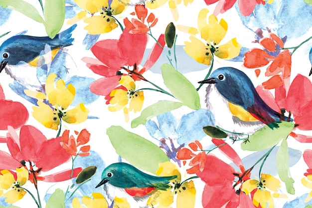 ベクトル 生地と壁紙の水彩画と鳥と咲く花のシームレスなパターン