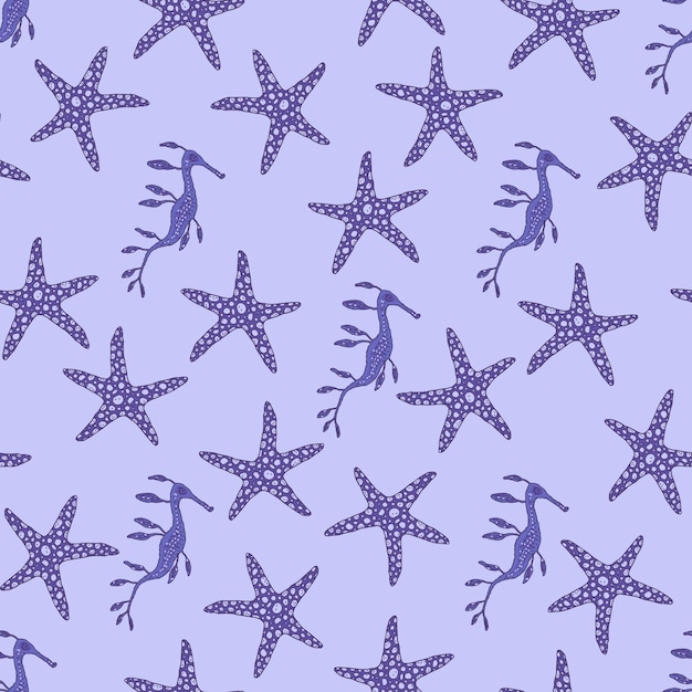 Бесшовный рисунок синего морского конька и морской звезды векторные коралловые рифы океанских животных подводная жизнь каракули эскиз фона