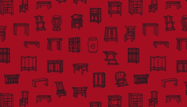 ベクトル 赤い背景に黒い線を持つ中国の家具のシームレスなパターン