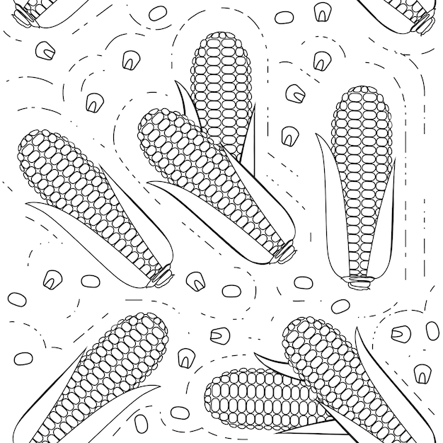 흰색 배경에 옥수수 개요 평면 벡터 일러스트 레이 션의 완벽 한 패턴