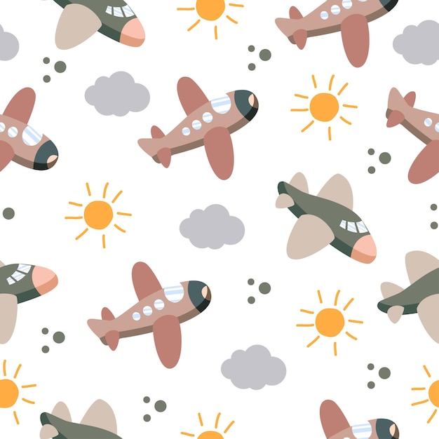 벡터 태양과 구름과 귀여운 공기 비행기의 완벽 한 패턴