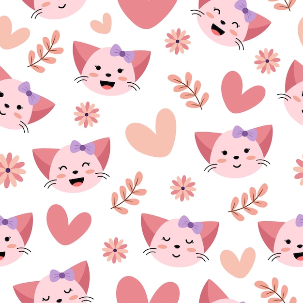 벡터 하트와 꽃 귀여운 고양이의 완벽 한 패턴