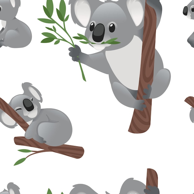Бесшовный рисунок милого серого медведя коалы в разных позах, поедающего спящие листья мультяшного животного дизайна плоской векторной иллюстрации на белом фоне