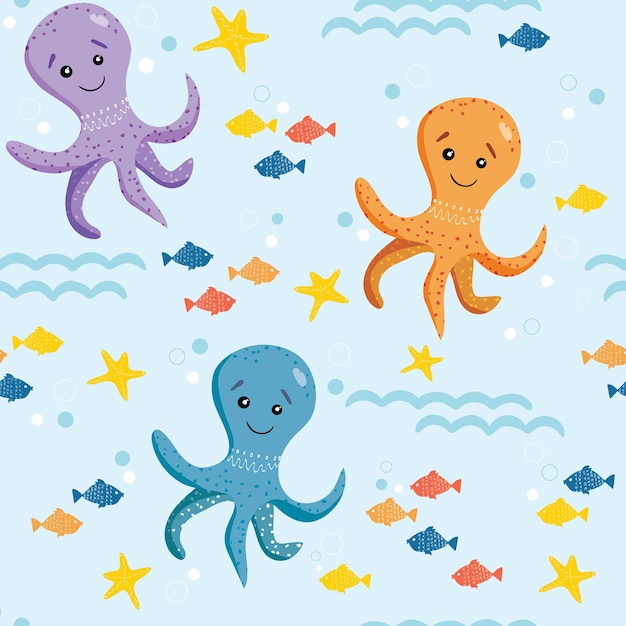 かわいいタコ ヒトデ 小魚のシームレスなパターン シンプルな手描きスタイルのベクトルイラスト 漫画のキャラクター タコ 魚 海 海 夏と子供の背景 プレミアムベクター