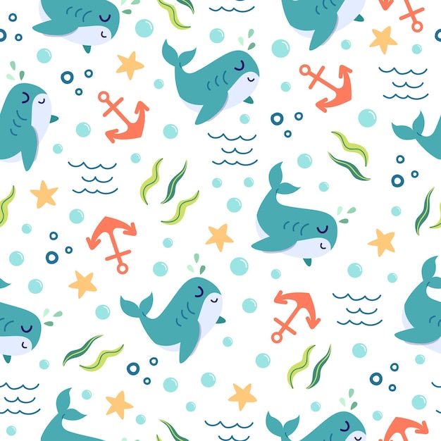벡터 바다에서 귀여운 고래 만화의 완벽 한 패턴
