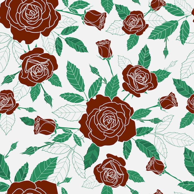 Вектор Бесшовный рисунок подробной полностью распустившейся розы и листьев