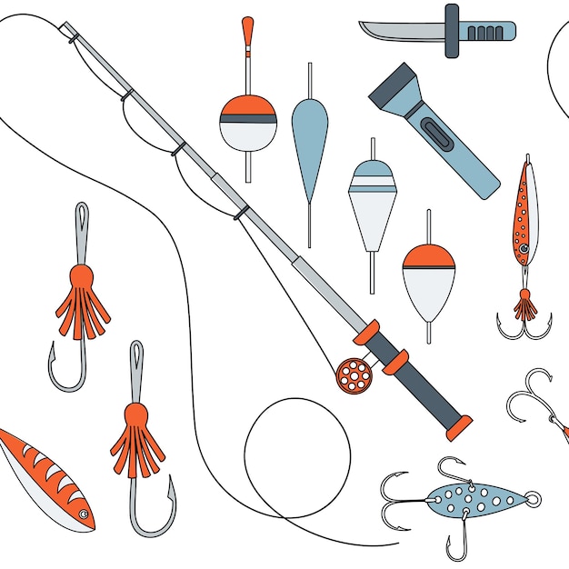 ベクトル 白い背景の上の釣り道具フックロッド浮きバケツフラットベクトル図のシームレスなパターン