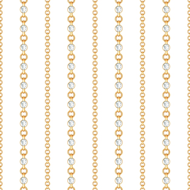 Вектор Бесшовный фон из золотой цепочки и кристаллов на белом фоне