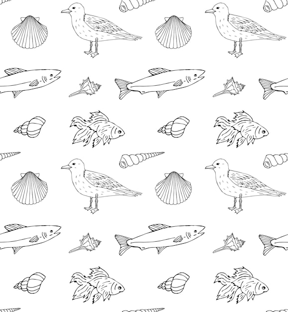 Бесшовный рисунок рисованной пляжной морской рыбы и ракушек