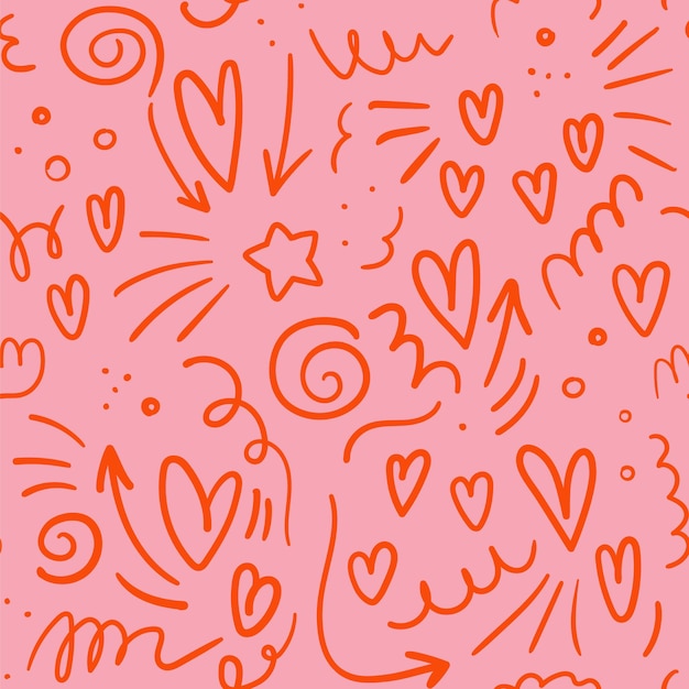 ベクトル バレンタインデーのハートとスクリグルのシームレスなパターンを手で描いた