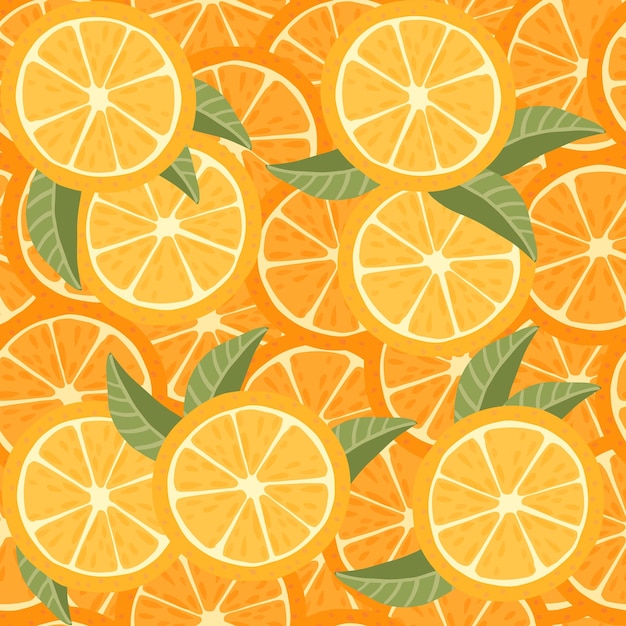 오렌지 감귤류 과일의 원활한 패턴 반으로 자르고 녹색 잎 평면 벡터 일러스트와 함께 슬라이스