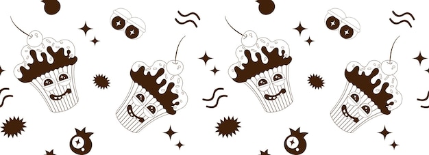 Вектор Бесшовный рисунок психоделических мультяшных наклеек современное искусство сладости торт мороженое кекс