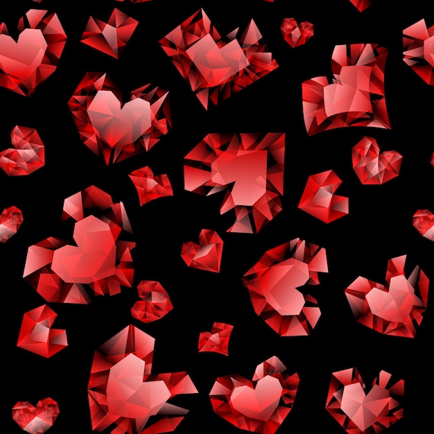 Вектор Бесшовный рисунок красных сердец из кристаллов с тенями на черном фоне