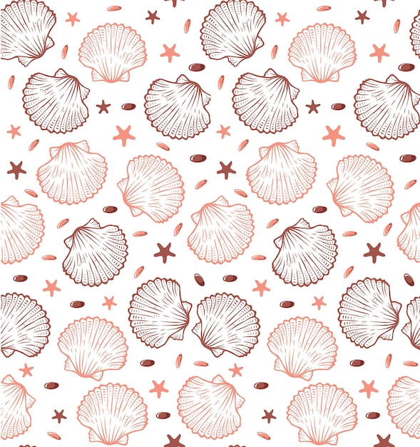 ヒトデ - 心を落ち着かせるサンゴのテーマ、ベクター デザインの貝殻のシームレスなパターン