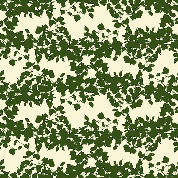 Бесшовный рисунок силуэтов ветвей лиственных деревьев с зелеными листьями