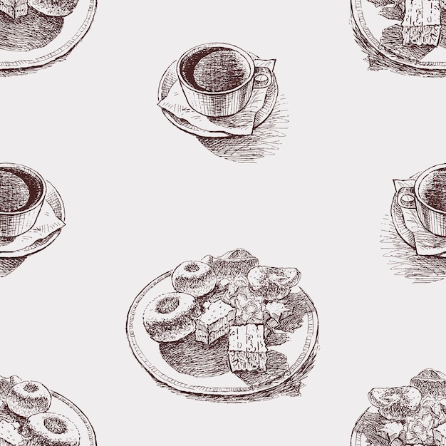 벡터 스케치의 원활한 패턴은 접시에 커피 컵과 접시에 다른 맛있는 케이크