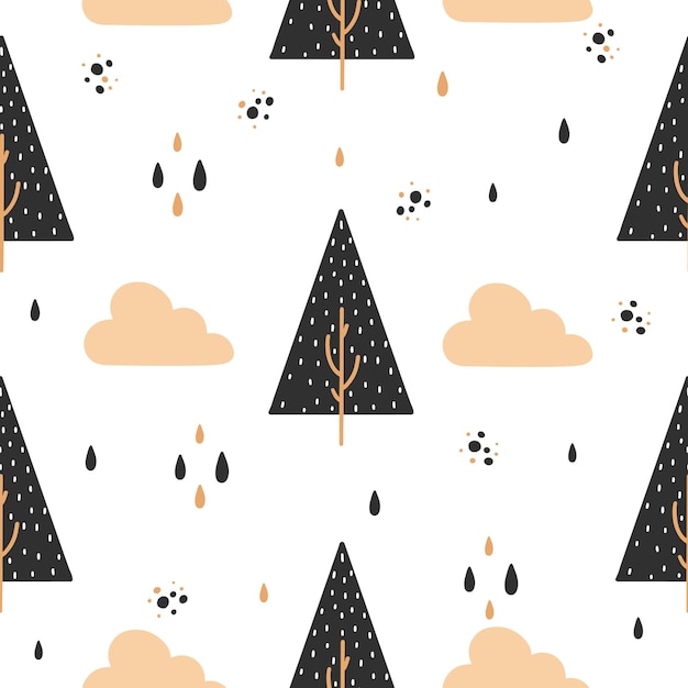 어린이 인쇄용 검정색 스칸디나비아 스타일의 나무와 구름의 매끄러운 패턴