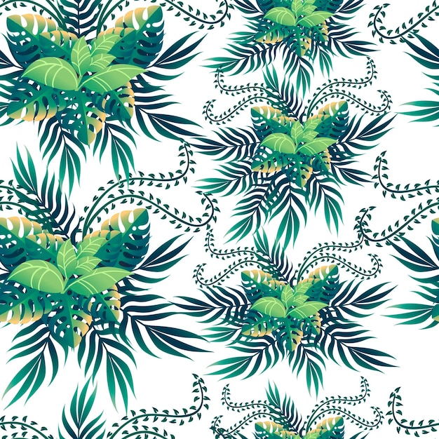 白い背景の上の異なる形のフラットベクトルイラストと熱帯緑の葉のシームレスなパターン。