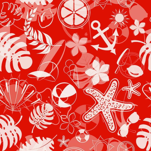 Бесшовный рисунок различных предметов, связанных с летним отдыхом на море, белый на красном фоне
