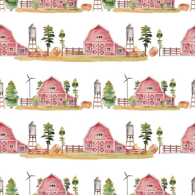 水彩の赤い素朴な納屋給水塔と風車のシームレス パターン