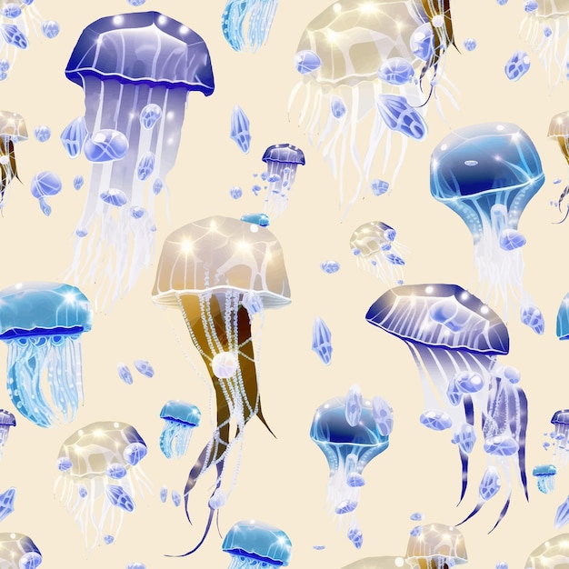 ベクトル 水彩のシームレスなパターン 水母と泡 海洋生物 印刷用の青と金の水母の絵  ⁇ 維のロゴ アイコン
