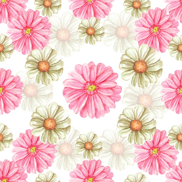 ベクトル 白とピンクのデイジーの花の手描きの水彩画のシームレスなパターン