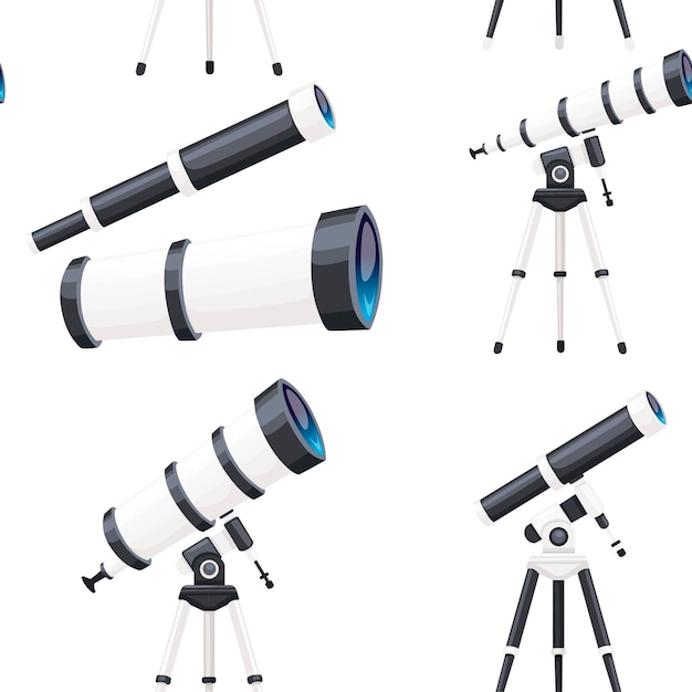 Вектор Бесшовный фон из белых телескопов с подставками и без плоских векторных иллюстраций на белом фоне.