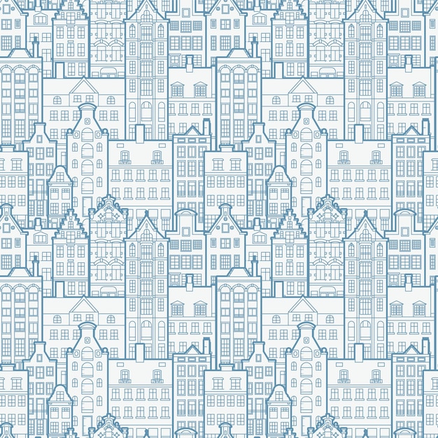 Seamless pattern of old european city. Holland houses facades in traditional Dutch style.