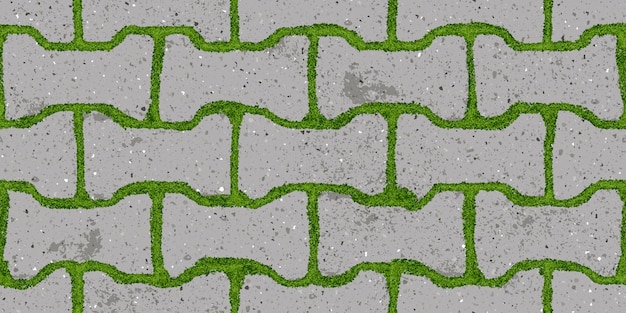 Seamless pattern of old pavement with moss and dumble interlocking textured bricks