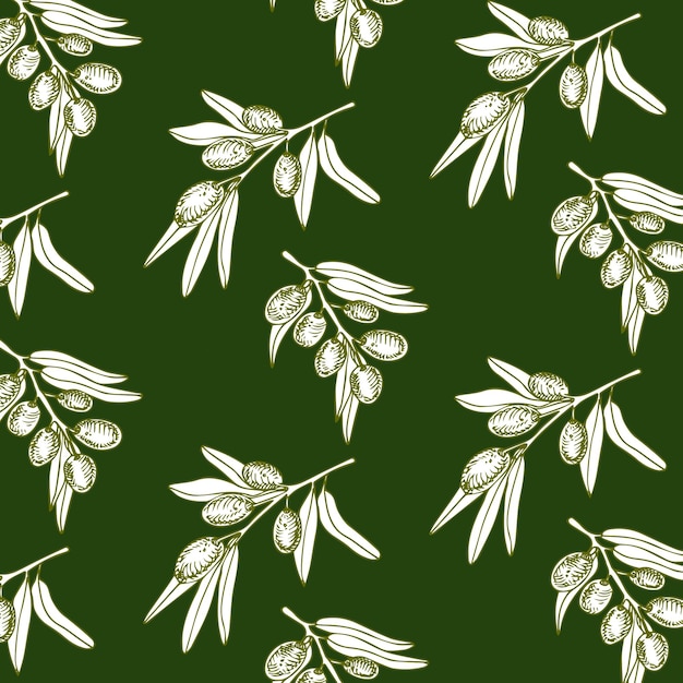 Seamless pattern olive on beige paper. Vector olive branch.