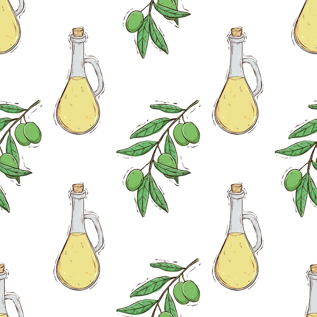 seamless pattern of olive oil and tree with oil jar colored hand drawing olive fruit