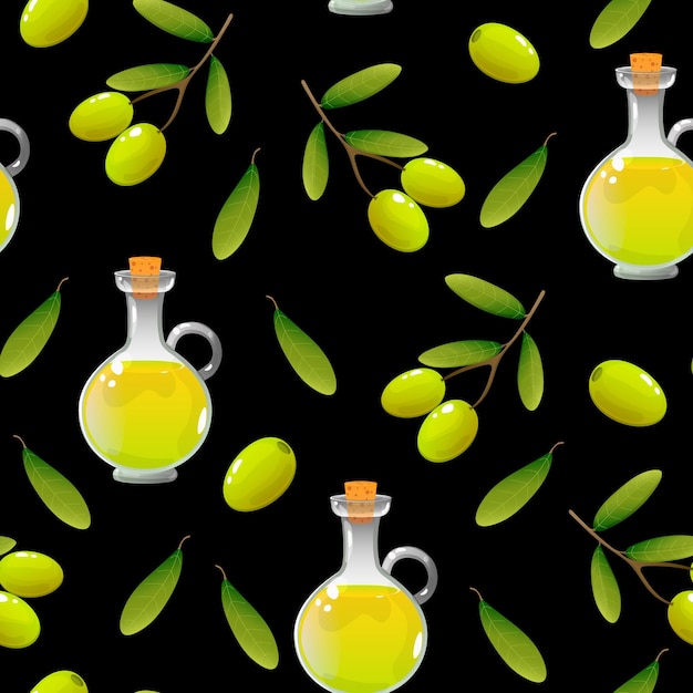 Seamless pattern of olives and olive oil on black a background vector