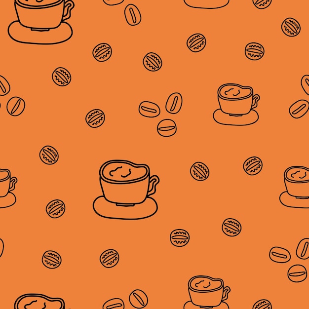 Вектор Бесперебойный рисунок на кофейной теме с чашей и кофейными бобами в стиле рисунка на оранжевом фоне